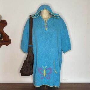 Vintage 90s Quacker Factory Hooded Sweater Teal Butterfly Short Sleeve 2X
